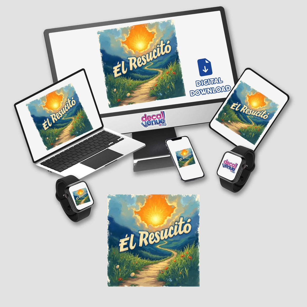 Él Resucitó Mateo 28:6 Sticker or Clipart features a vivid Fauvist Resurrection design on laptop and tablet screens, ideal for unique vinyl stickers or digital art with commercial rights.