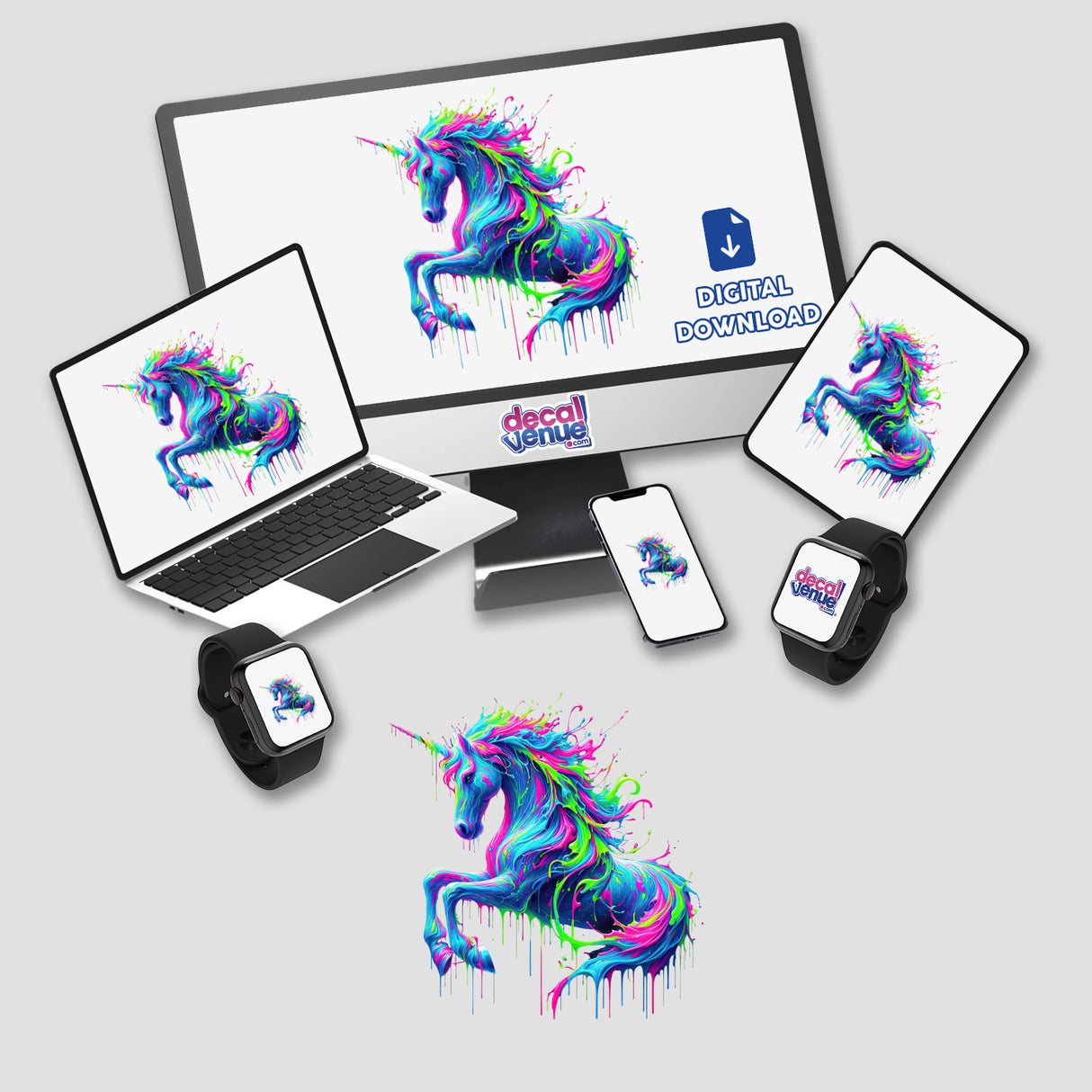 Psychedelic Drip Unicorn - Vibrant Fluid Fantasy displayed on a computer monitor and laptop, showcasing colorful unicorn imagery, available as stickers or digital artwork.