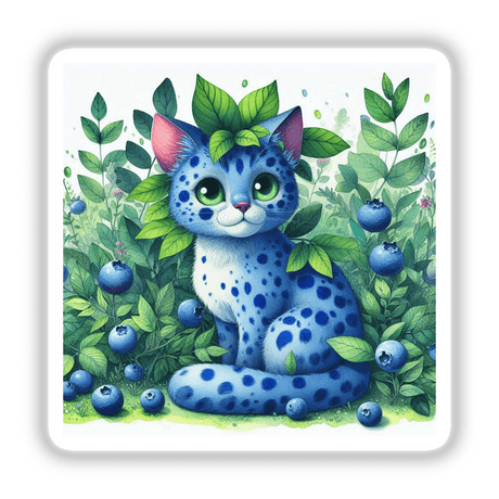 Blueberry Kitten: Illustration of a cat with blue spots and green leaves, featuring green eyes and pink ears, available as unique stickers or digital artwork.