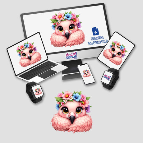 Charming Flamingo with a Flower Crown displayed on a computer monitor and laptop screen, showcasing its digital art form. Available as stickers or digital artwork from Decal Venue.