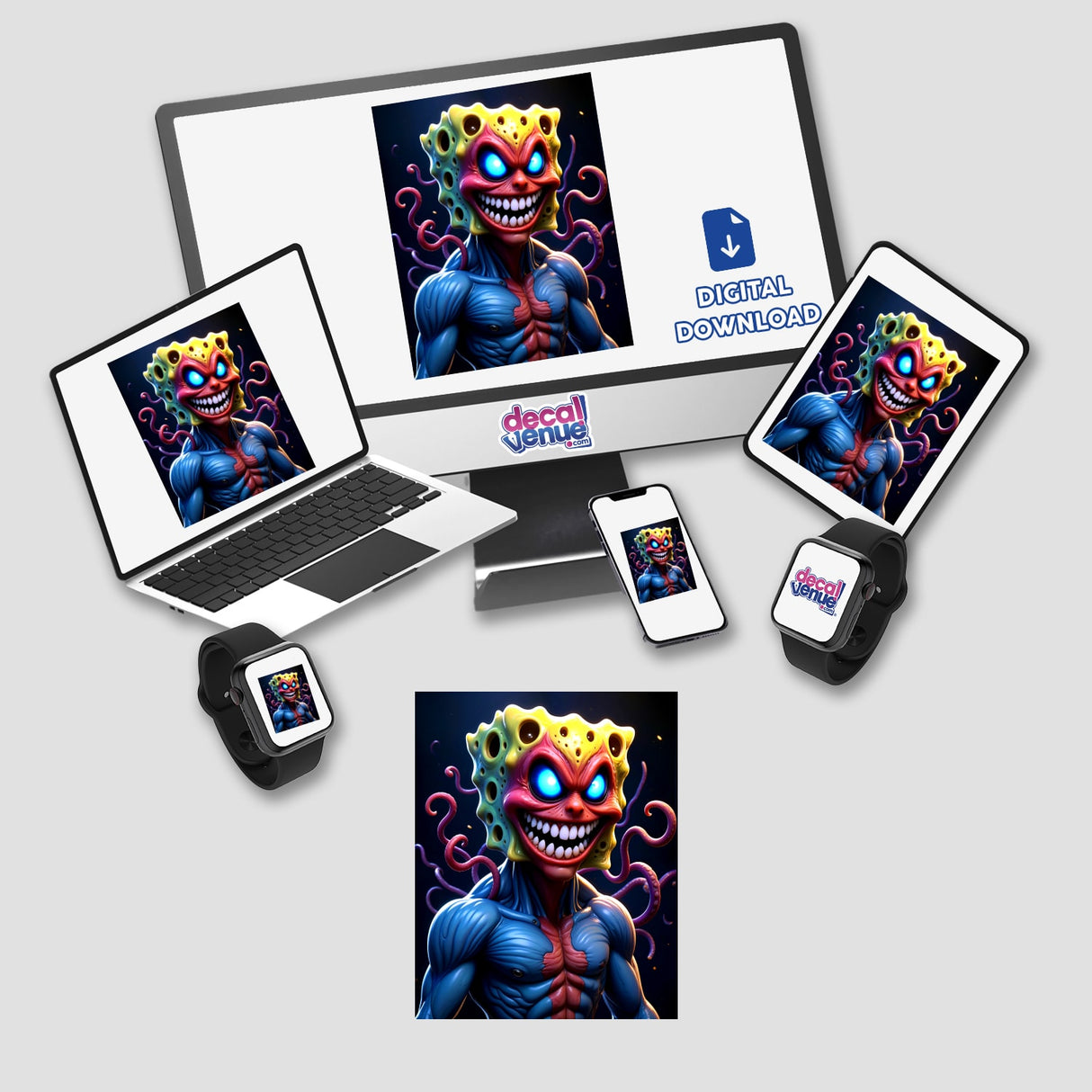 Alien Mutant Superhero Villain displayed on multiple screens, including a laptop and tablet, available as unique stickers or digital artwork from Decal Venue.