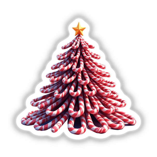 Candy Cane Tree depicted as a whimsical Christmas tree design, available as stickers or digital artwork from Decal Venue. A close-up highlights a star atop the tree.