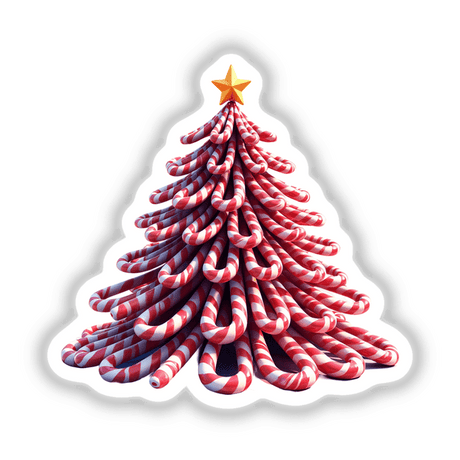 Candy Cane Tree depicted as a whimsical Christmas tree design, available as stickers or digital artwork from Decal Venue. A close-up highlights a star atop the tree.