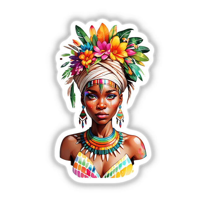 Mesmerizing African Tribal Woman Floral Headdress Sticker - Stunning Portrait featuring a woman adorned with colorful flowers in her hair and vibrant makeup, wearing an intricate necklace.