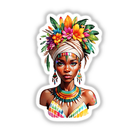 Mesmerizing African Tribal Woman Floral Headdress Sticker - Stunning Portrait featuring a woman adorned with colorful flowers in her hair and vibrant makeup, wearing an intricate necklace.