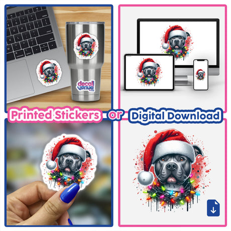 Collage of Christmas Pitbull Santa Tangled in Lights stickers, featuring a dog wearing a Santa hat and Christmas lights, shown on laptops, cups, and held in hand.