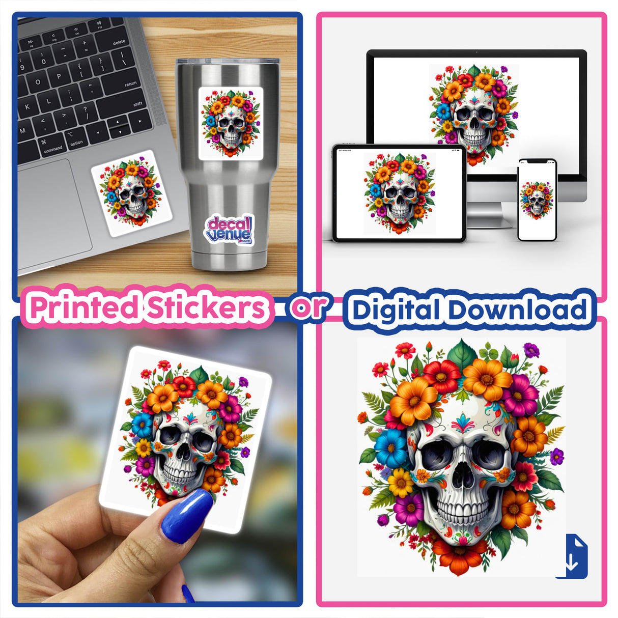 Pretty Skeletons sticker collage featuring intricate skulls with flowers on various objects, including a laptop and a cup, highlighting the unique design available as stickers or digital artwork.