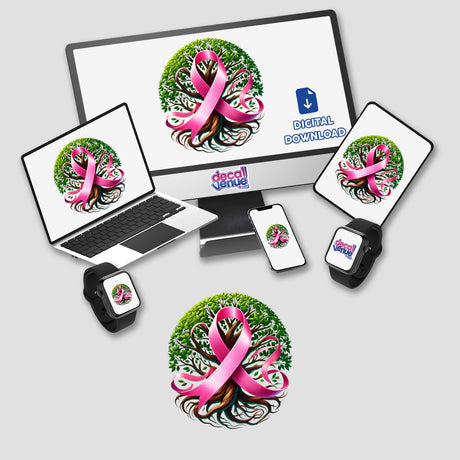 Breast Cancer Ribbon Intertwined with Tree Branches displayed on a computer monitor and laptop screen. Available as Stickers or Digital Artwork from Decal Venue.