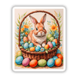 Cute Easter Bunny in a Basket with Eggs sticker or digital artwork, featuring a charming rabbit nestled among intricately designed eggs, perfect for Easter-themed decorations or digital use.