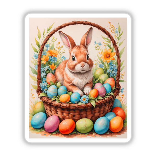 Cute Easter Bunny in a Basket with Eggs sticker or digital artwork, featuring a charming rabbit nestled among intricately designed eggs, perfect for Easter-themed decorations or digital use.