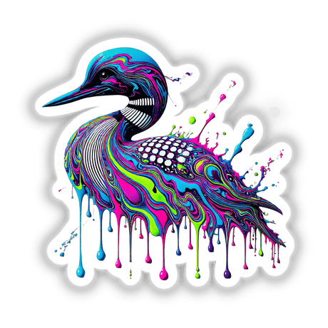 Neon Drip Loon - Psychedelic Wildlife Art depicts a vibrant duck illustration in abstract patterns, available as a sticker or digital artwork from Decal Venue's unique collection.