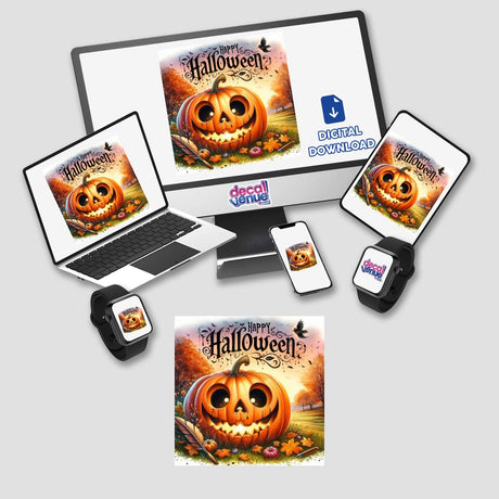 Bronze Halloween Series 2: Computer monitor and laptop displaying a pumpkin image, showcasing stickers or digital artwork from Decal Venue.