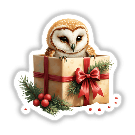 Cartoon owl nestled in a gift box, part of Decal Venue's Owl in Christmas Present Box design, ideal for festive stickers or digital art projects.