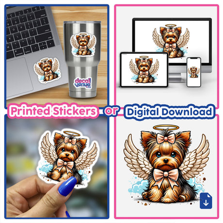 Halo and Wings Yorkie Angel Dog II stickers featuring a cartoon Yorkie with wings and a bow, depicted in various settings like laptops and cups, available at Decal Venue.