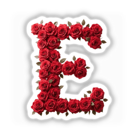 Elegant Floral Letter E Clipart - Downloadable Sticker with Commercial Rights, featuring a letter E intricately formed by closely packed red roses in a stylish, artistic arrangement.