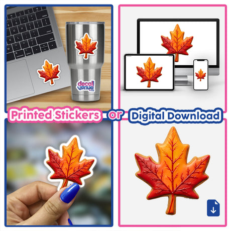 Maple Leaf Shaped Cookie with Red and Orange Autumn Colors, displayed on a laptop with a sticker.