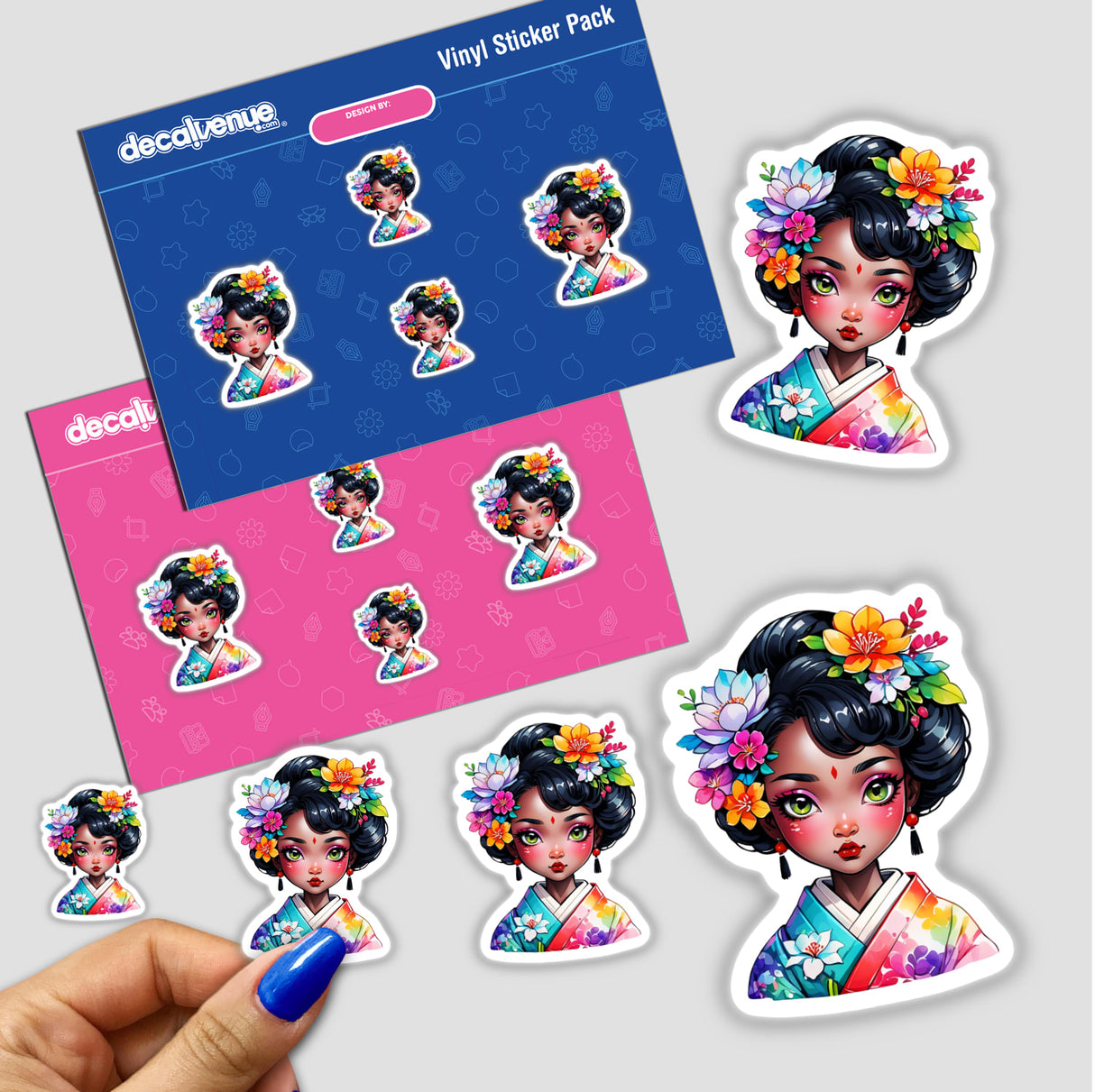 Charming Geisha: Adorable Sticker Art featuring a cartoon woman with flowers in her hair, shown in various sticker pack options.