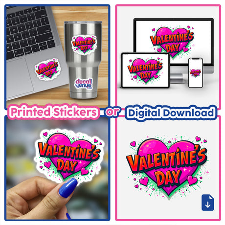 Valentine's Day Love Heart sticker collage featuring laptops and screens adorned with heart-shaped designs, showcasing unique stickers and digital art available at Decal Venue.