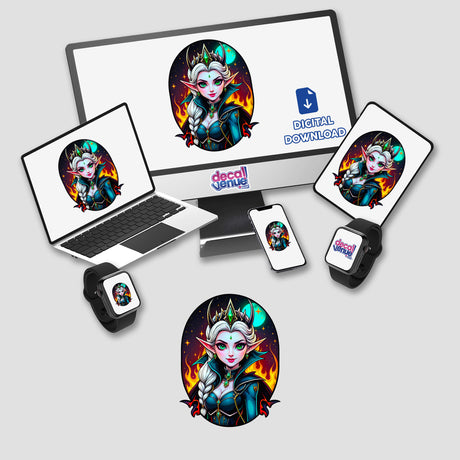 An Evil Queen Anime Girl displayed on a computer and laptop screens, available as stickers or digital artwork, capturing a regal character with a crown and long white hair.