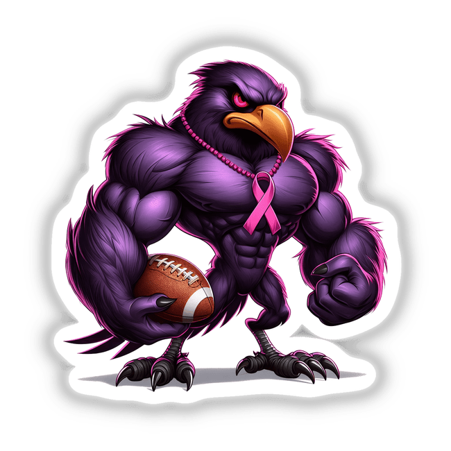 Muscular Purple Raven Bird Football Breast Cancer Awareness II: A cartoon bird with a yellow beak holding a football, available as stickers or digital artwork.