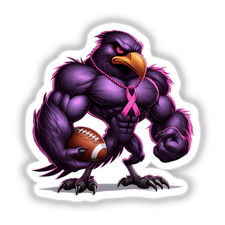 Muscular Purple Raven Bird Football Breast Cancer Awareness II: A cartoon bird with a yellow beak holding a football, available as stickers or digital artwork.