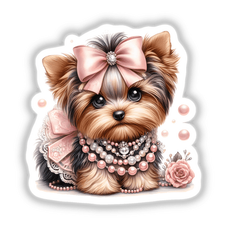 Adorable Yorkshire Terrier in Fancy Dress
Digital artwork featuring a cute Yorkshire Terrier dog wearing a pink bow, pearls, and delicate roses, against a plain background.