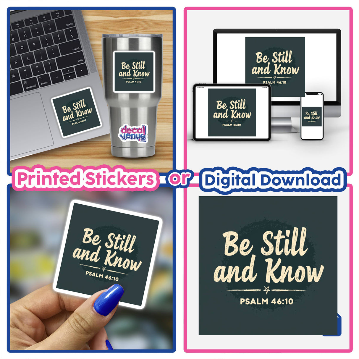 Be Still and Know – Inspired by Psalm 46:10, a collage of uplifting Christian affirmation stickers or clipart, available with commercial rights, featuring diverse designs and elements related to faith and inspiration.