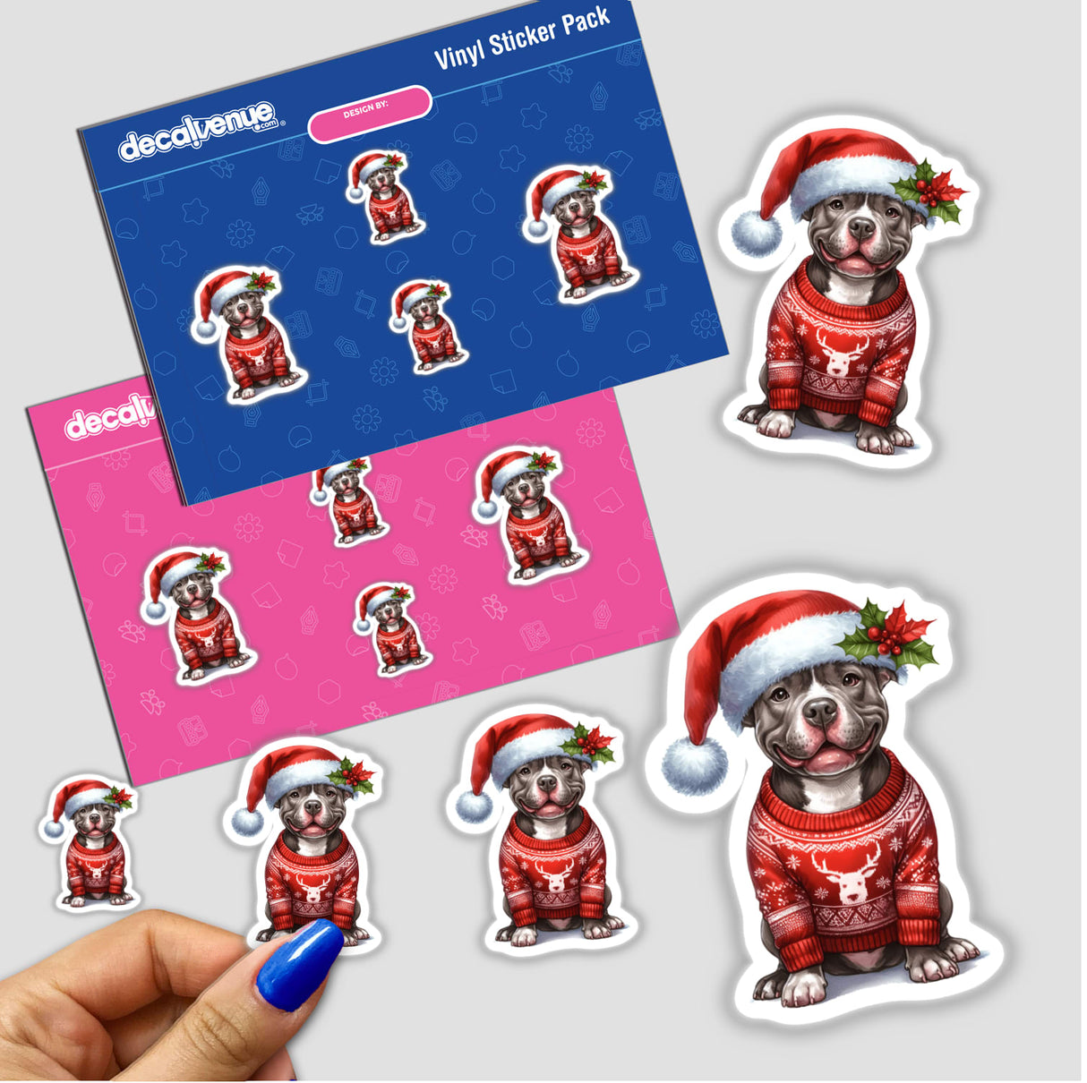 Pitbull Santa Dog in Ugly Christmas Sweater III sticker pack featuring cartoon dogs in festive red sweaters and Santa hats, available as unique stickers or digital artwork.