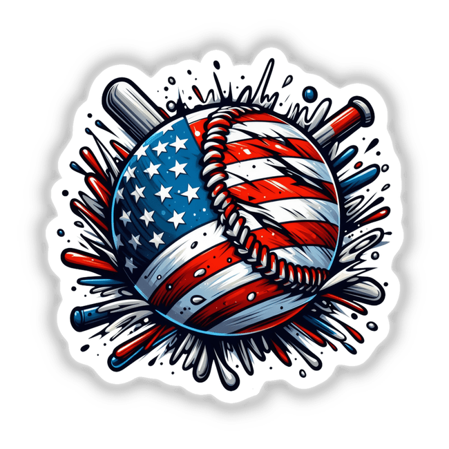 American Flag Baseball Splatter III: A baseball featuring an American flag design with white stars on a blue background, available as stickers or digital artwork from Decal Venue.