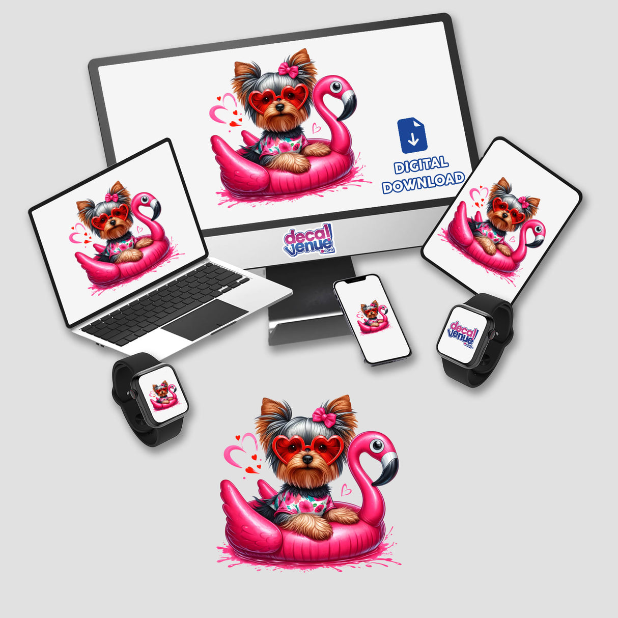 Yorkie Dog in Bathing Suit on Flamingo Float featured on a computer monitor and laptop screen, available as unique stickers or digital artwork from Decal Venue.