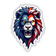 A Cool American Flag Lion illustration featuring a lion with a red, white, and blue mane and a white star, available as stickers or digital artwork.