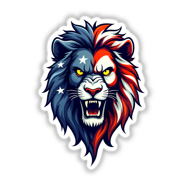 A Cool American Flag Lion illustration featuring a lion with a red, white, and blue mane and a white star, available as stickers or digital artwork.