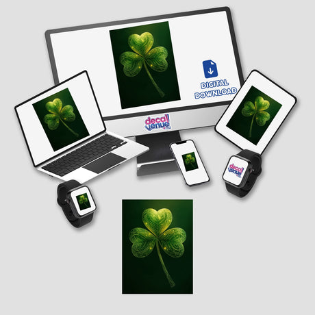 Mystical Shamrock – Green Clover with Glowing Gold Swirls displayed on a computer monitor and laptop screen, highlighting its availability as stickers or digital artwork from Decal Venue.