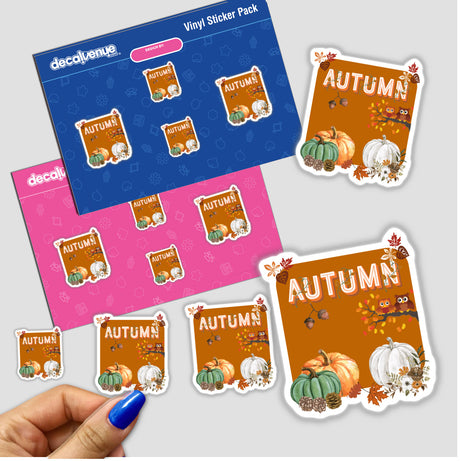 Autumn-themed sticker featuring pumpkins and leaves, available as a sticker or digital artwork from Decal Venue.