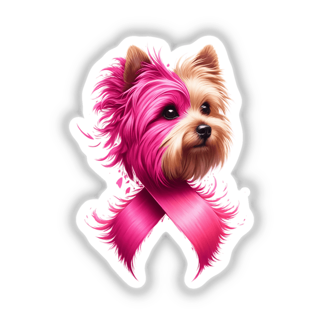 Pink Ribbon Yorkie Dog Breast Cancer: A Yorkshire Terrier with pink hair and a pink ribbon, available as stickers or digital artwork from Decal Venue.