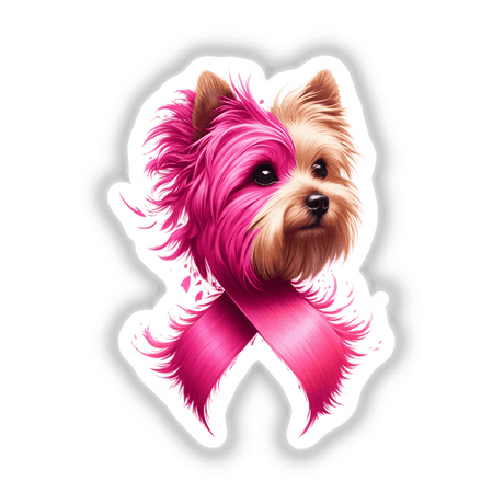 Pink Ribbon Yorkie Dog Breast Cancer: A Yorkshire Terrier with pink hair and a pink ribbon, available as stickers or digital artwork from Decal Venue.