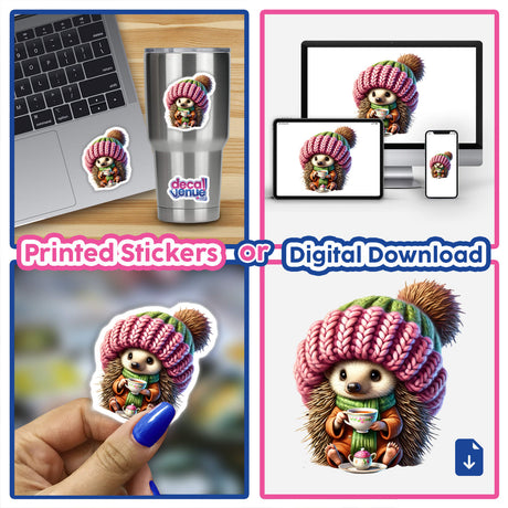 Adorable hedgehog gnome enjoying a cozy tea party, featured on digital artwork and printed stickers available at DecalVenue online store.