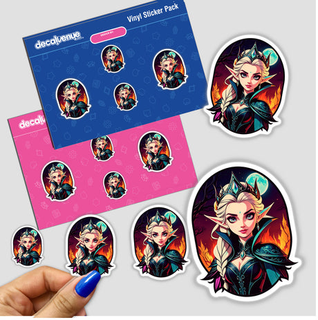 An Evil Queen Anime Girl stickers featuring cartoon characters, including a woman with a crown and cape. Available as unique vinyl stickers or digital artwork, reflecting Decal Venue's creative offerings.