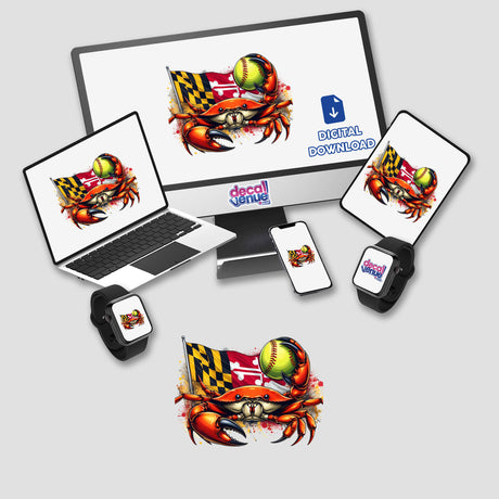 Maryland Flag Steamed Crab Softball Splatter design featuring a cartoon crab holding a softball and flag, displayed on screens, available as stickers or digital artwork from Decal Venue.