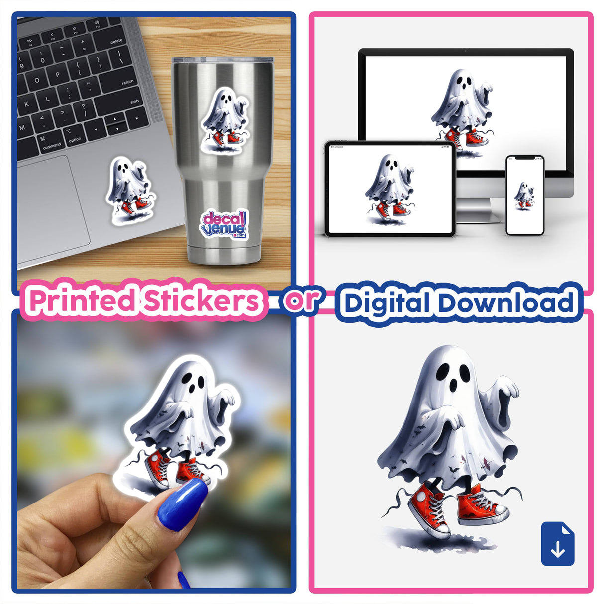 Collage of Halloween Dancing Sneakers Ghost stickers displaying a cartoon ghost with red shoes on a laptop, cup, and more.