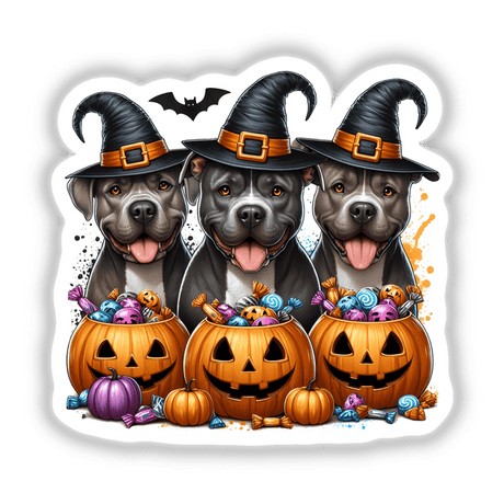 Halloween Trick or Treat Pitbull Trio Dogs wearing festive hats, with a bucket of candy, available as stickers or digital artwork from Decal Venue.