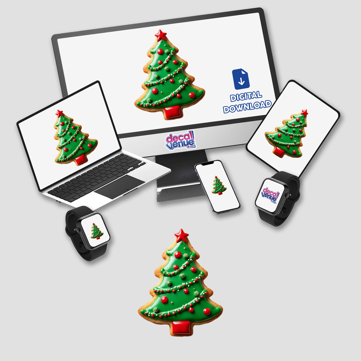 Festive Christmas Cookie Tree Design featured on a computer monitor, laptop, tablet, smartphone, and smartwatch screens. Available as stickers or digital artwork from Decal Venue.