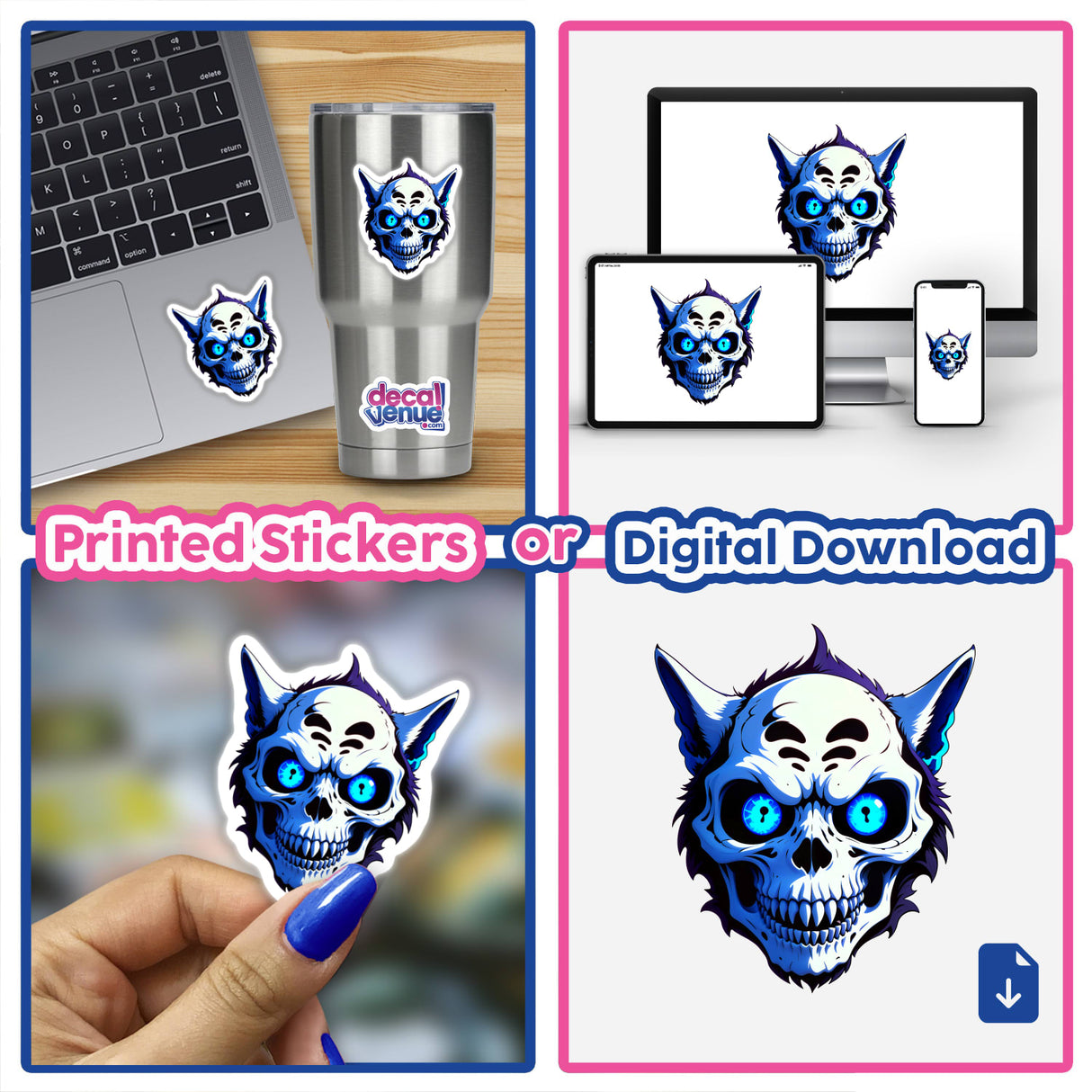 A collage featuring A Cool Undead Cat Skull is shown as stickers and digital artwork, highlighting its distinct cartoon style with blue eyes, displayed on various surfaces like laptops and cups.