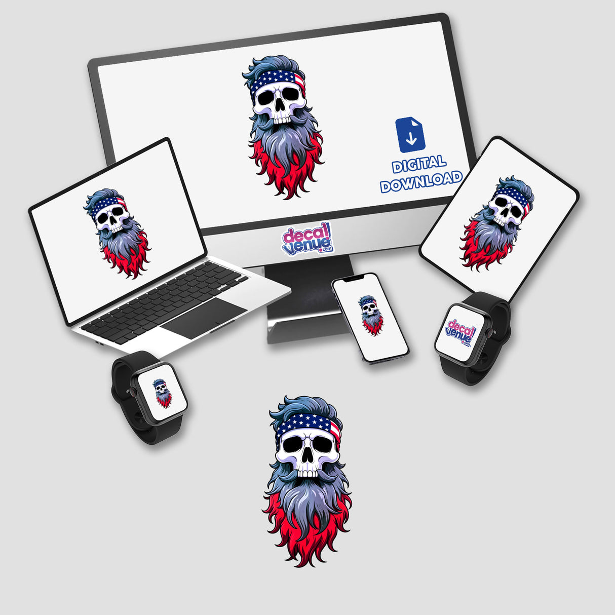 A Cool Skull With An American Flag Bandana displayed on a computer monitor and laptop, available as stickers or digital artwork, showcasing unique design elements from Decal Venue.