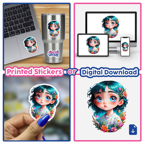 Mesmerizing Girl Sticker featuring a cute cosmic design with glowing eyes and iridescent details, shown in various formats including laptop sticker, silver cup, and digital artwork.