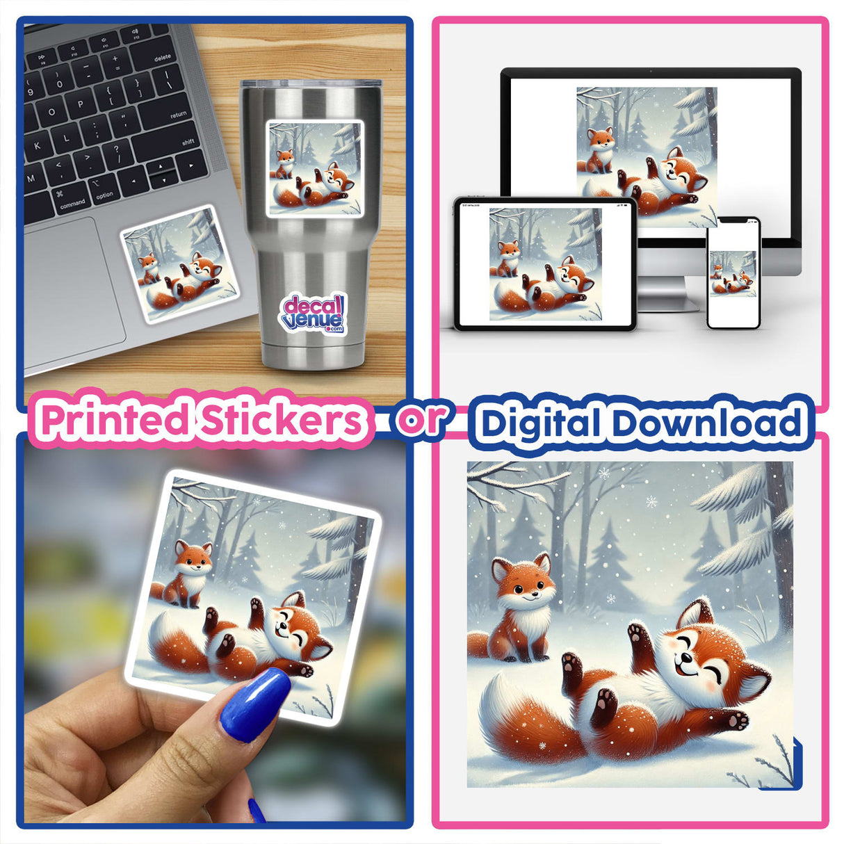 Two Foxes Playing digital artwork, featuring two playful foxes in a snowy setting, available as stickers or digital art from Decal Venue, known for unique stickers and digital creations.