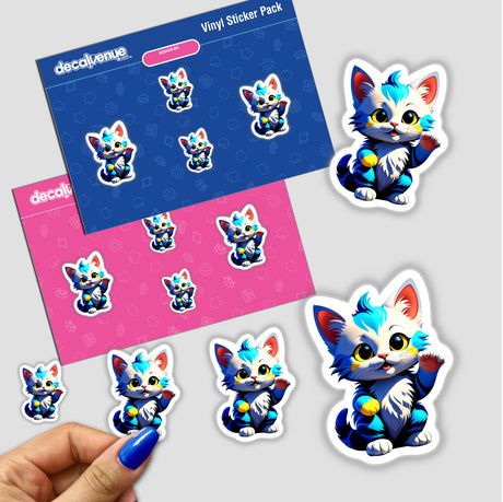 Sticker pack titled A Cute Little Kitten featuring various cartoon cats with blue and white or blue and yellow fur, displayed on a person's fingertip for size reference.