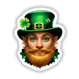 St. Patrick's Day Leprechaun illustration featuring a cartoon face with a green hat, green eyes, and a beard, available as unique stickers or digital artwork from Decal Venue.