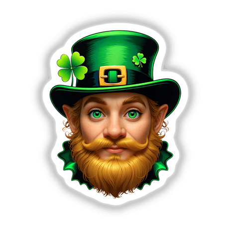 St. Patrick's Day Leprechaun illustration featuring a cartoon face with a green hat, green eyes, and a beard, available as unique stickers or digital artwork from Decal Venue.