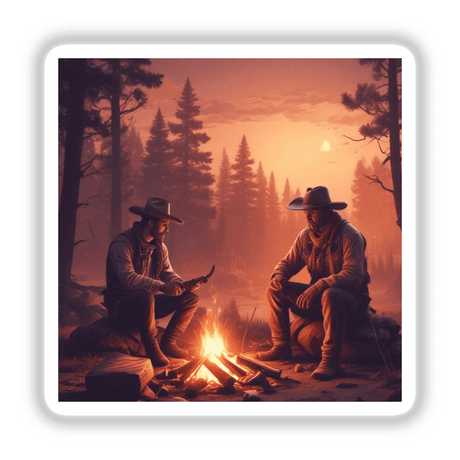 Two men sitting around a campfire in the wilderness, embodying the rugged spirit of Outback Retreat available as stickers or digital artwork.